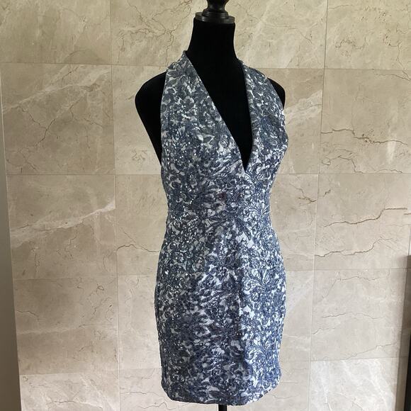 SHO by Tadashi Shoji Lara Sequin Lace Mini Dress 0 Blue Deep V Halter Cocktail - Picture 6 of 14